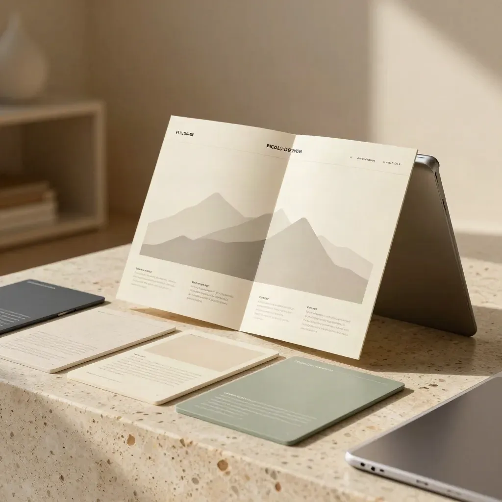 Mappa del sito e card modulari su travertino con tablet capovolto, atmosfera calda da studio