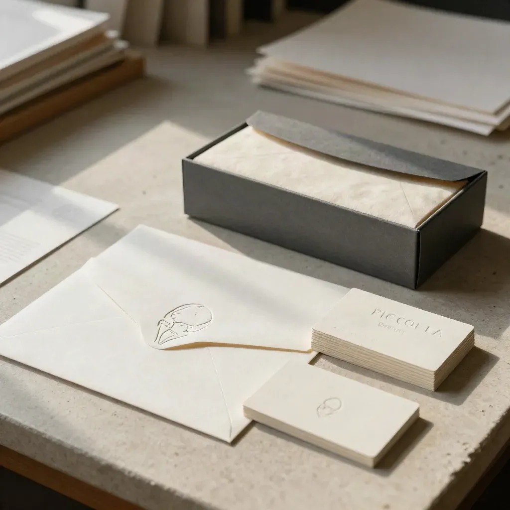 Kit identità con logo goffrato su carta cotone, buste coordinate e cofanetto elegante.