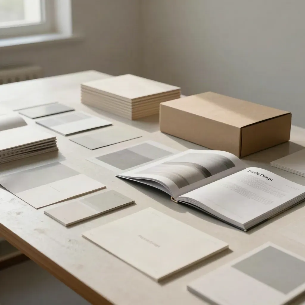 Tavolo in plaster con brochure, packaging e stationery sotto una luce mattutina umida e cinematografica.