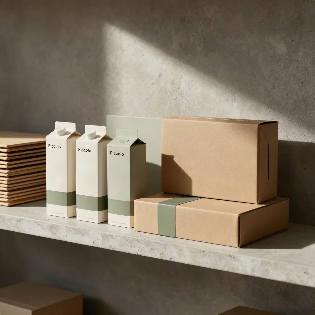 Astucci e scatole packaging pronti a scaffale su mensola in intonaco, luce salvia drammatica