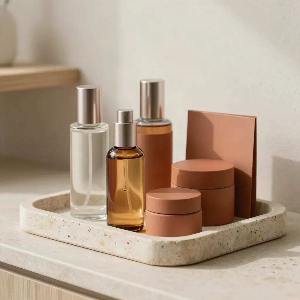 Flaconi skincare e vasetti in un vassoio di pietra con sleeve terracotta e card campione.