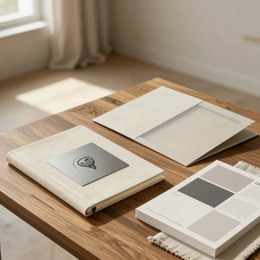 Set coordinato per brand coaching su tavolo in rovere, con taccuino, cartellina e card podcast.