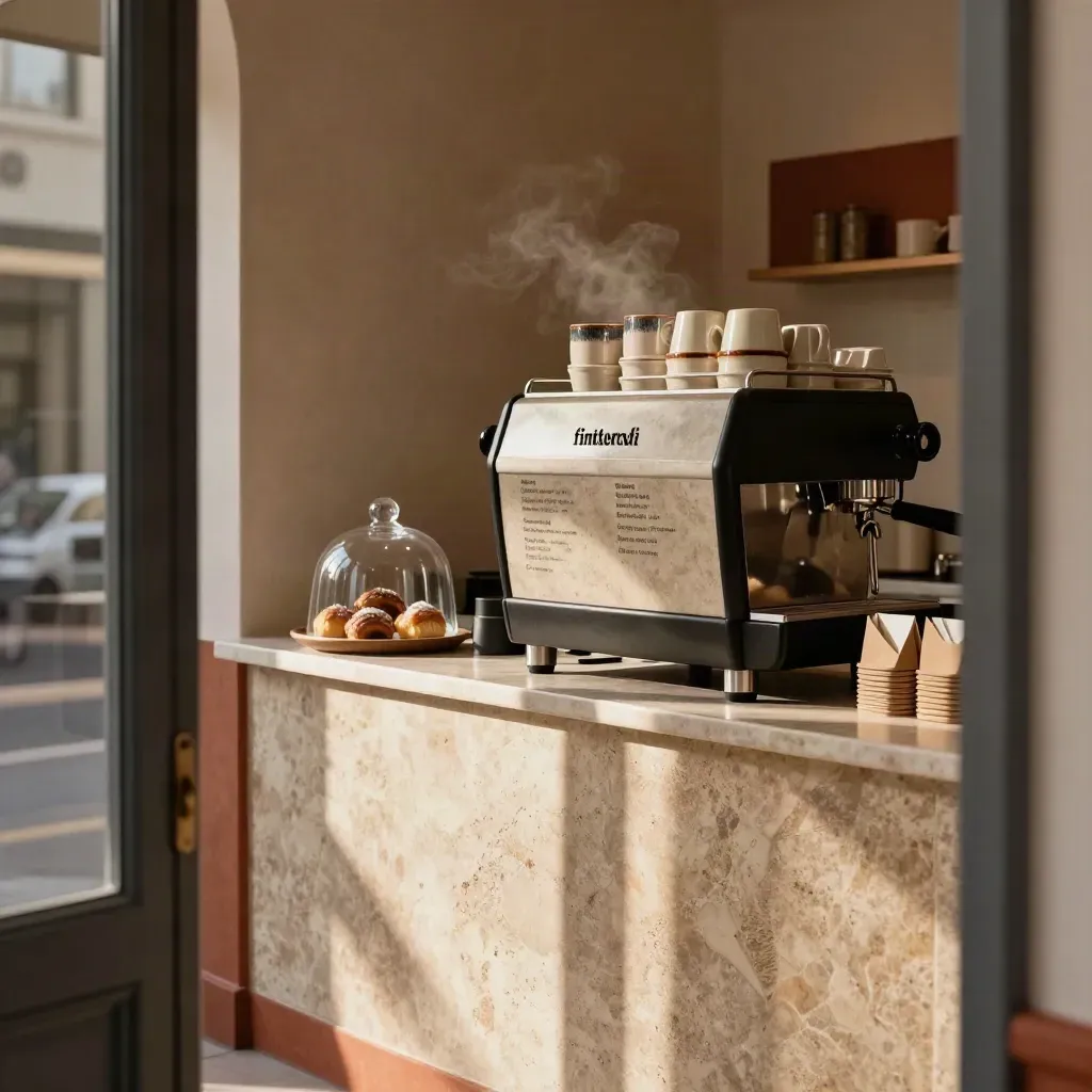 Banco caffetteria finito con tazze in ceramica, vassoio pasticceria e menu in pietra.