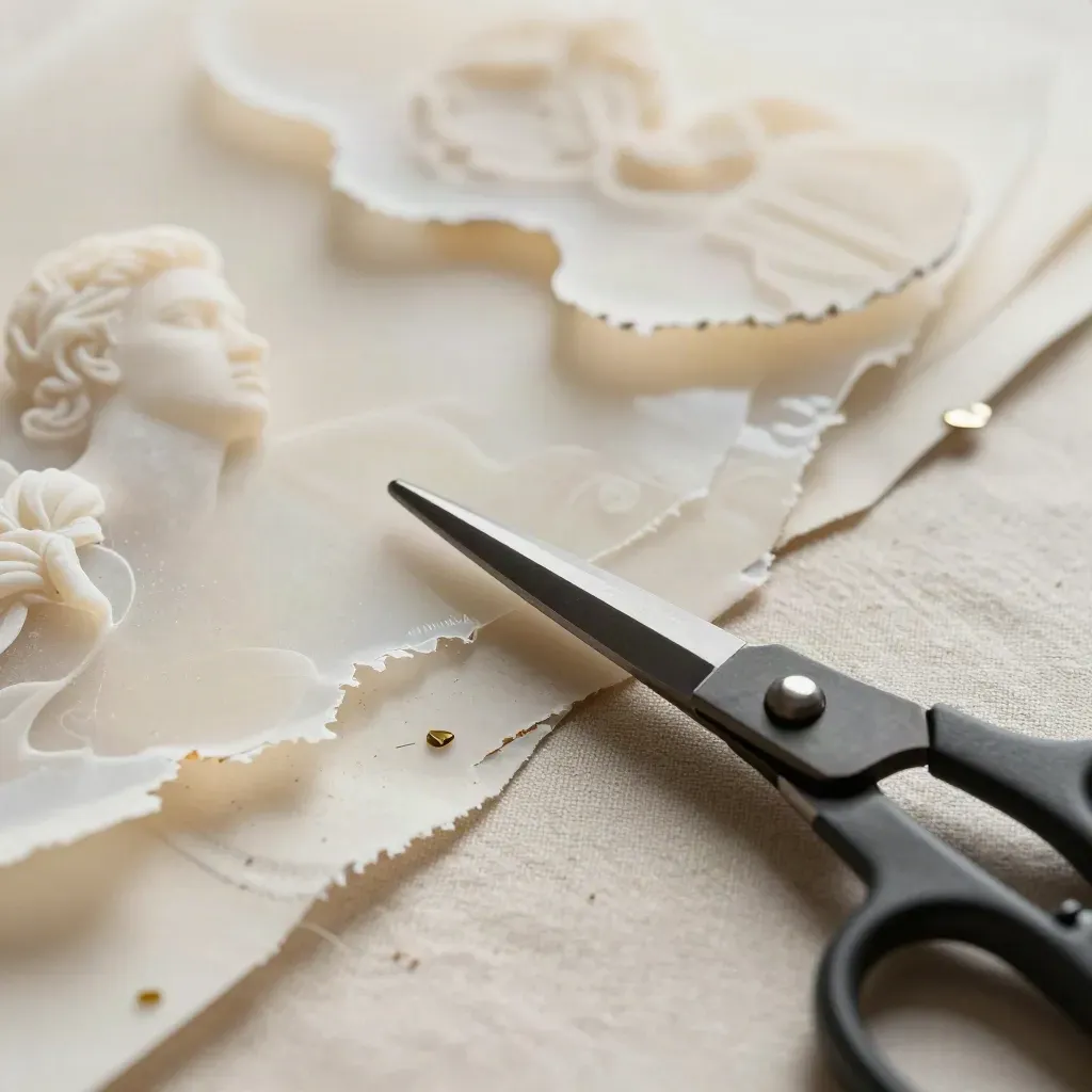 Macro di acetati, maquette di carta e forbici nere su lino grezzo.