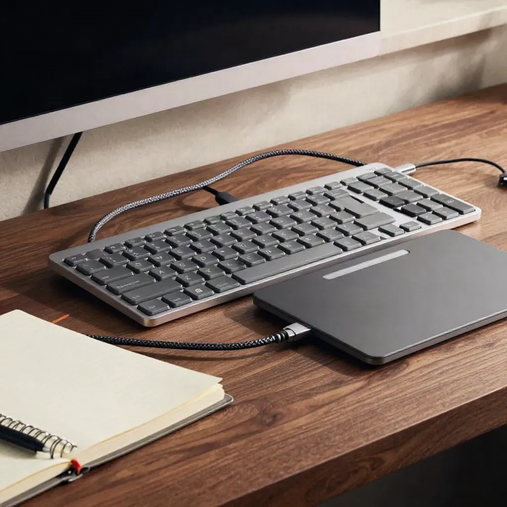 Tastiera compatta, trackpad, cavo arrotolato e mockup web su banco in legno, luce drammatica