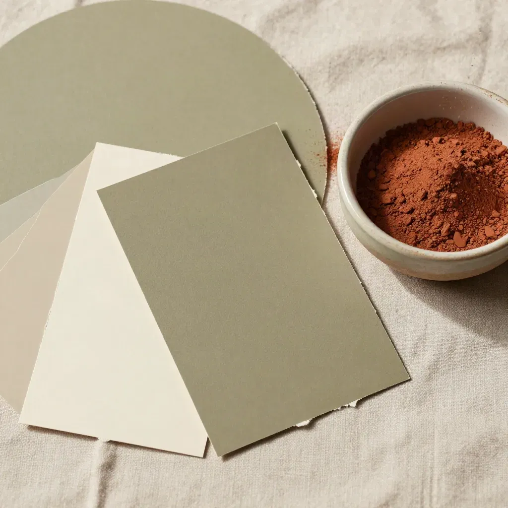 Campioni colore, carte opache e ciotola in ceramica su lino con polvere di pigmento terracotta.