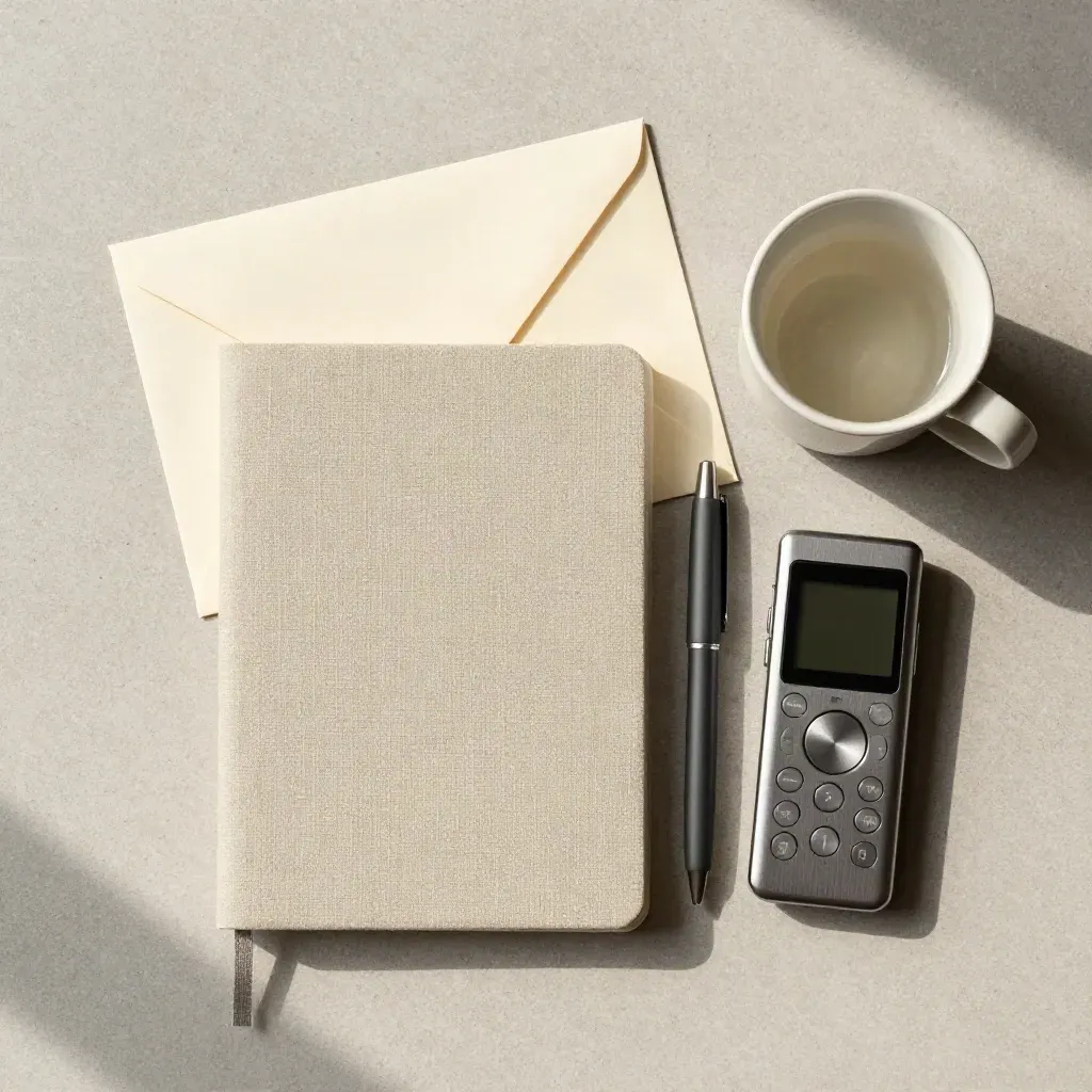 Flatlay dall’alto con taccuino in lino, busta chiusa, penna, tazza e registratore su pietra chiara.