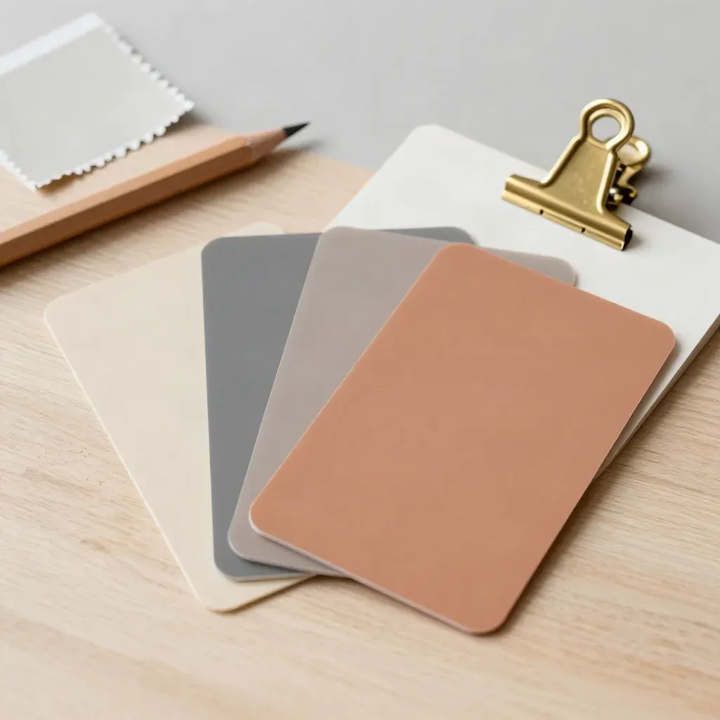 Tre card in acetato, campioni e mozzicone di matita su legno chiaro, luce morbida.