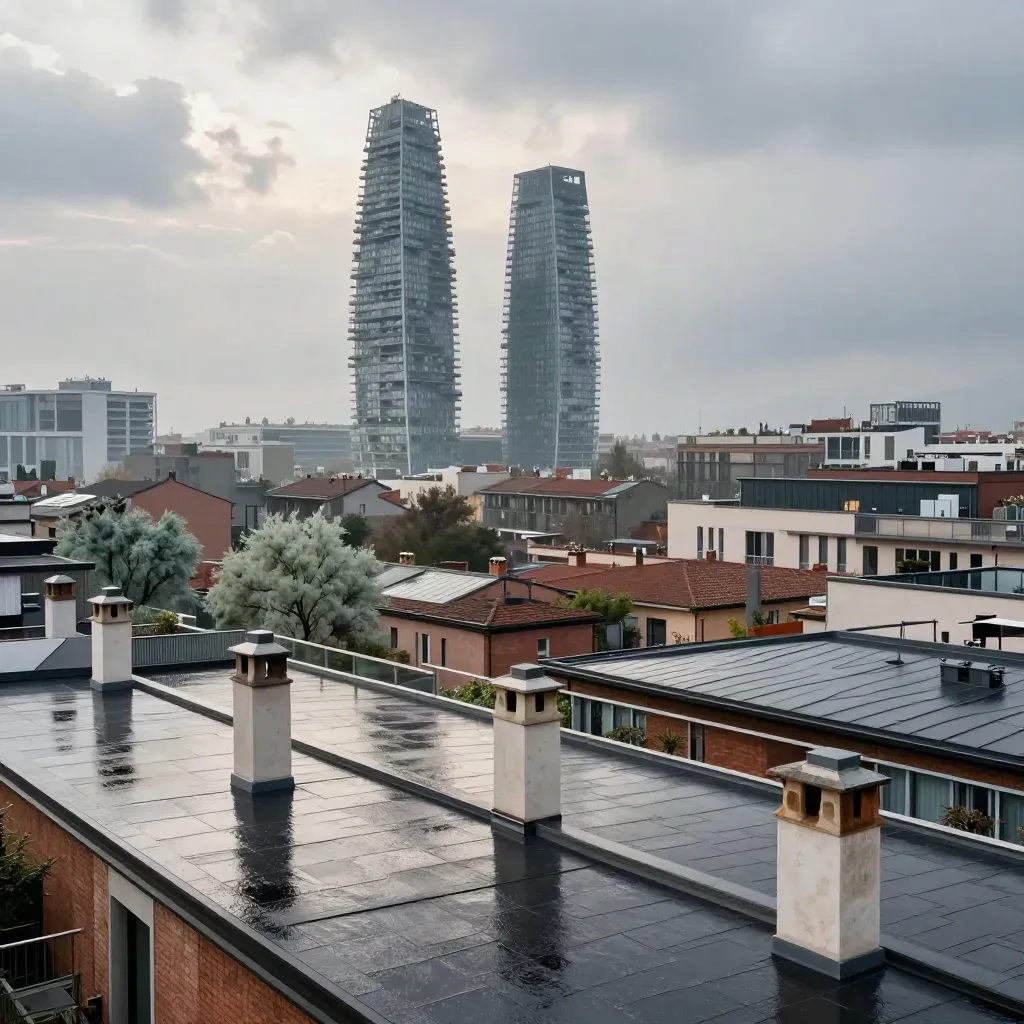 Milano all’ora blu con Porta Nuova e Bosco Verticale sopra tetti umidi e nebbia