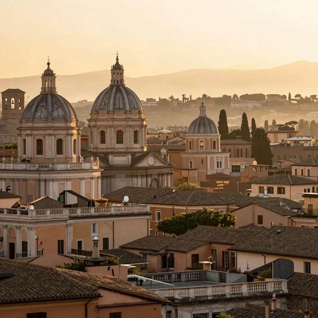 Panorama di Roma dal Gianicolo con cupole, tetti terracotta e foschia dorata al tramonto