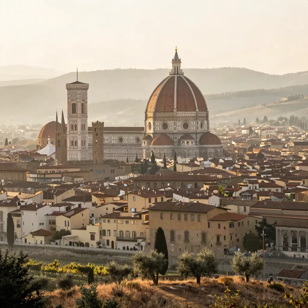 Duomo di Firenze tra vigneti e colline toscane nella nebbia dell’alba.