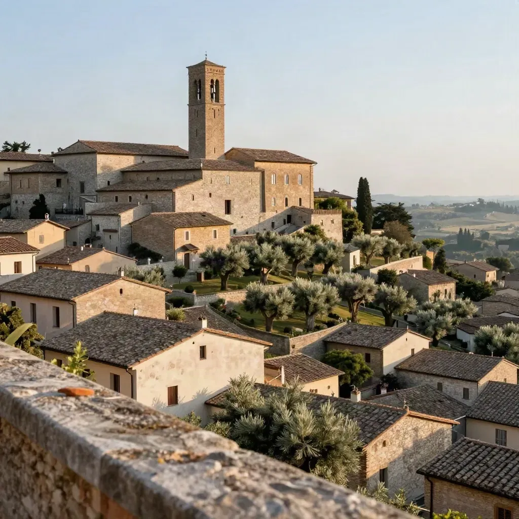Panorama italiano in travertino con tetti terracotta, ulivi e campanile alto nella luce calda.